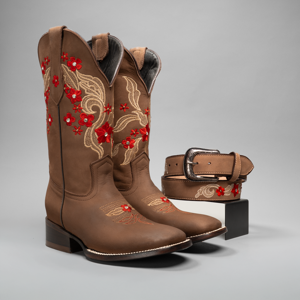Women's Red Embroidered Square Toe Cowboy Boots and Belt Combo