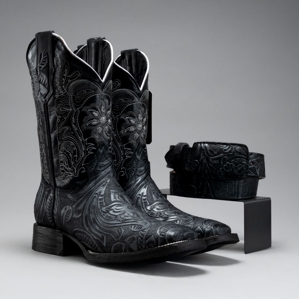 Men's Western Boots: Sincelado Engraved Leather Square Toe