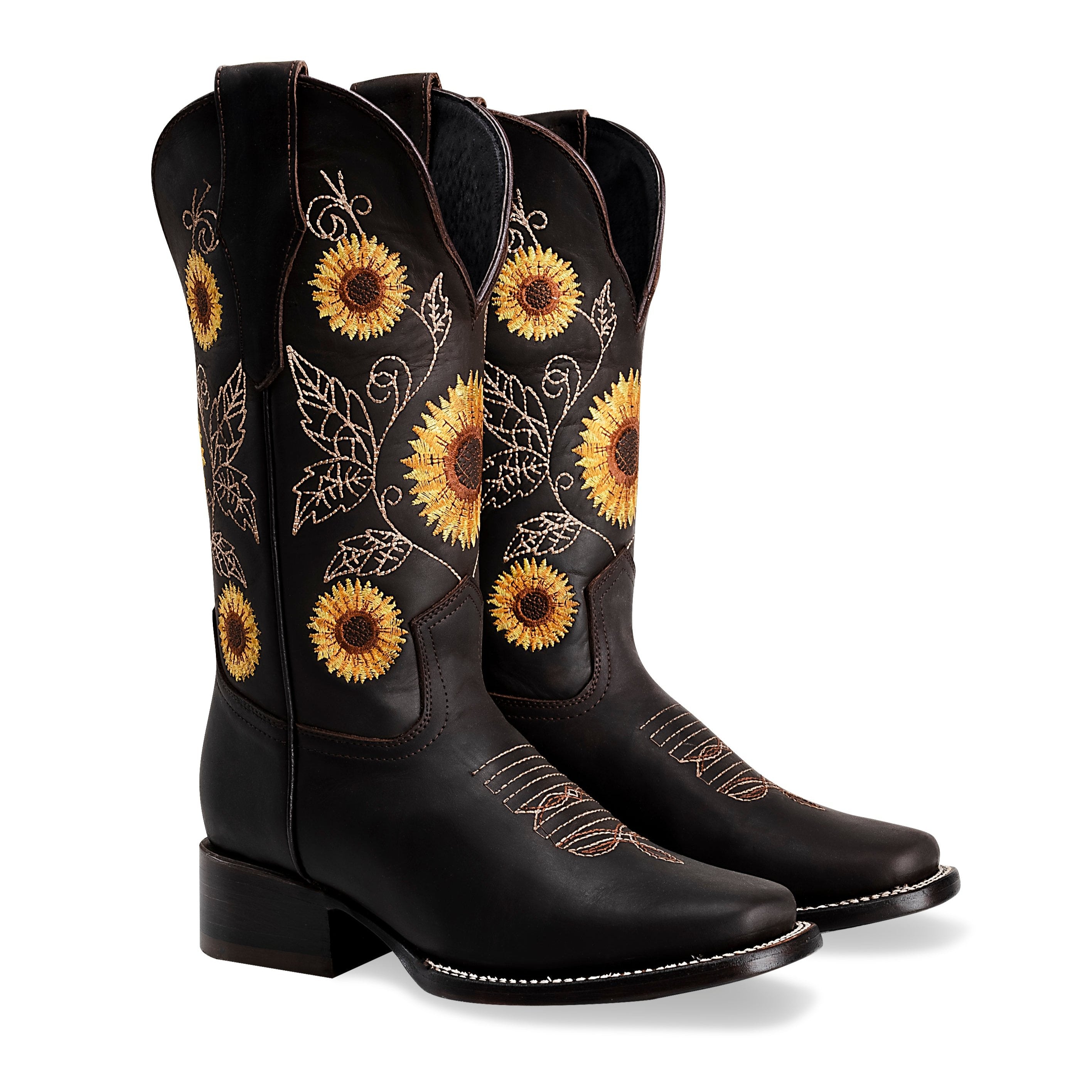 Joe Boots 15 05 Brown Premium Women s Cowboy Sunflower Embroidered Boots Square Toe Western Boot