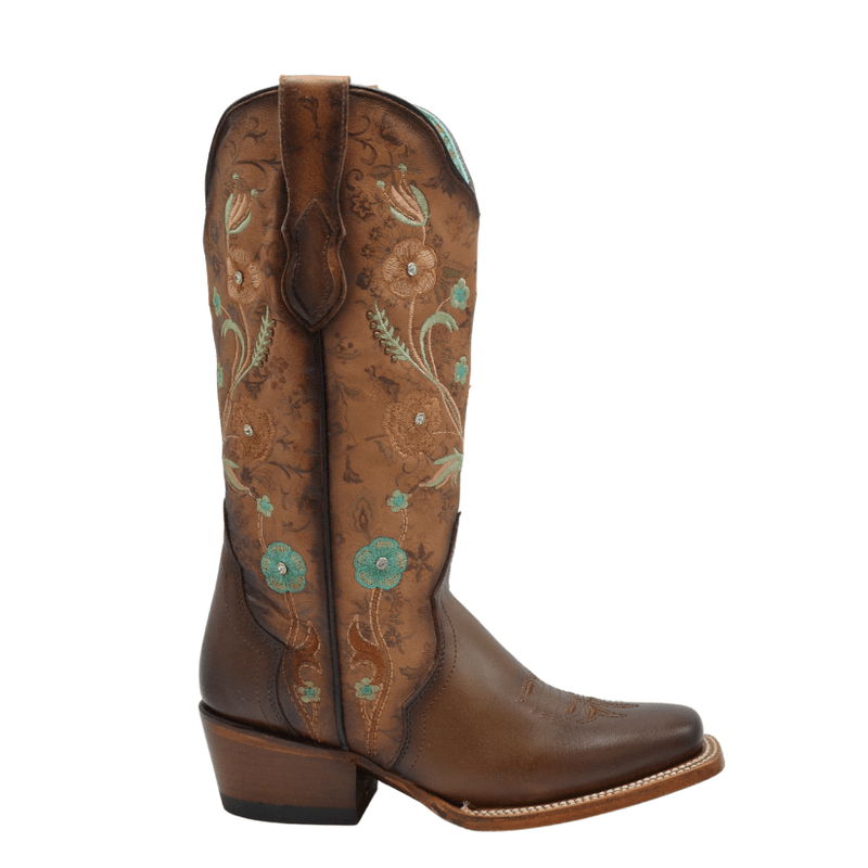 Load image into Gallery viewer, PAC01 Brown Woman Boots Square Toe with Turquoise Flowers
