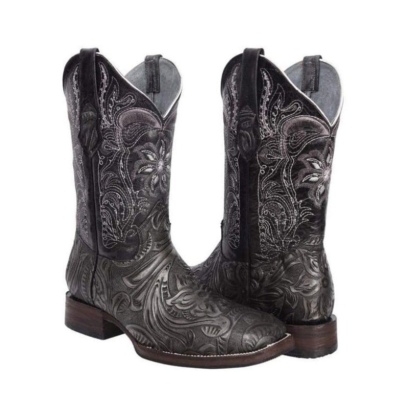 Load image into Gallery viewer, Joe boots 569 Hand Tooled Black Combo Men&#39;s Western Boots: Square Toe Cowboy &amp; Rodeo Boots in Genuine Leather with Belt 169

