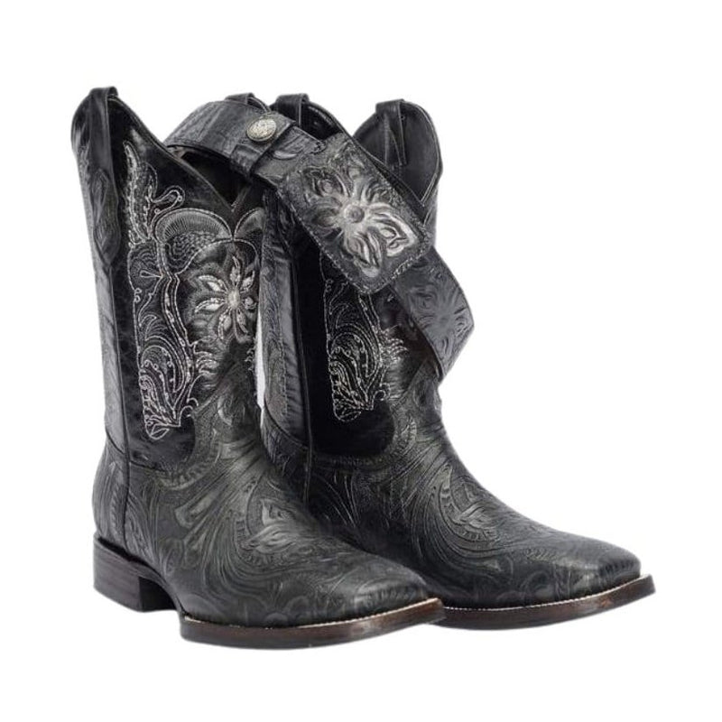 Load image into Gallery viewer, Joe boots 569 Hand Tooled Black Combo Men&#39;s Western Boots: Square Toe Cowboy &amp; Rodeo Boots in Genuine Leather with Belt 169
