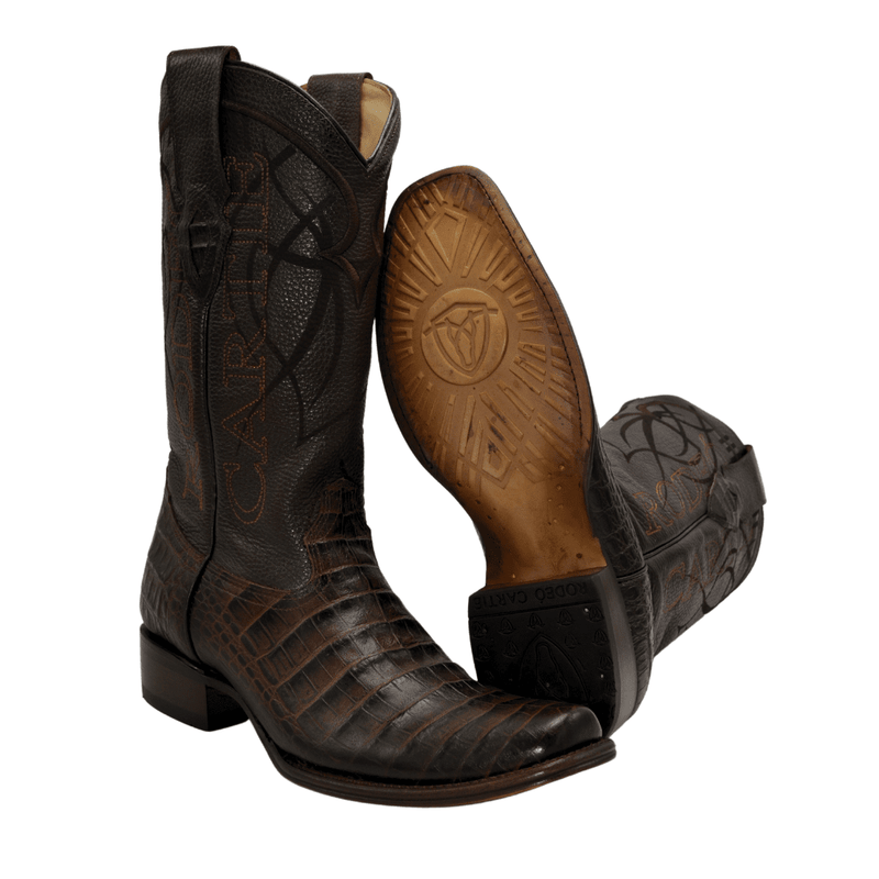 Load image into Gallery viewer, Rodeo Cartie Combo Denver Brown Men&#39;s Western Boots: Square Toe Cowboy &amp; Rodeo Boots in Caiman print Leather ,belt 116 black
