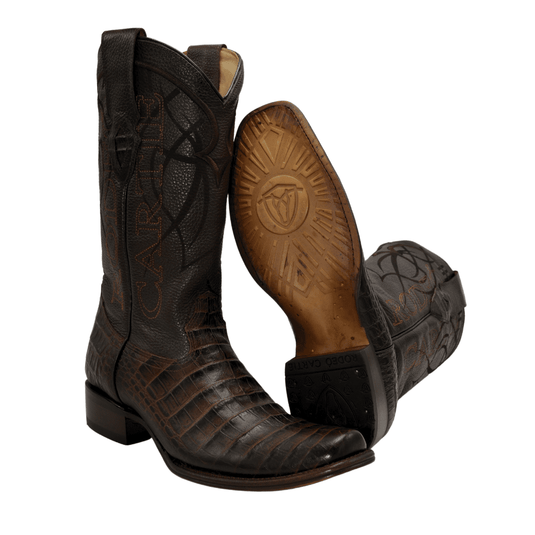 Rodeo Cartie Combo Denver Brown Men's Western Boots: Square Toe Cowboy & Rodeo Boots in Caiman print Leather ,belt 116 black