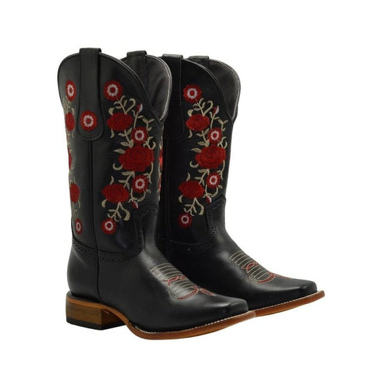 JB16-07 Black Women Square Toe Boots Red Flowers SET with Belt