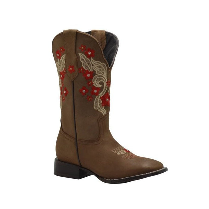 JB16-06 Sand Women Square Toe Boots with Red Floral Accents