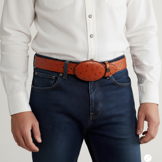 Men's Ostrich Tribute Leather Oval Buckle Cowboy Belt