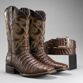 Men's Caiman Square Toe Cowboy Boots and Belt Combo