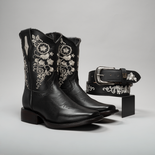 Women's Embroidered Square Toe Cowboy Short Boots and Belt Combo