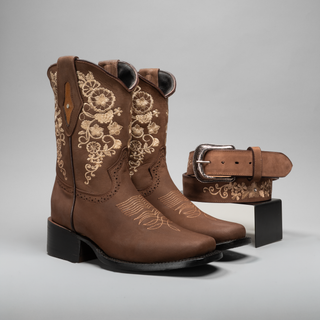 Women's Embroidered Square Toe Cowboy Short Boots and Belt Combo