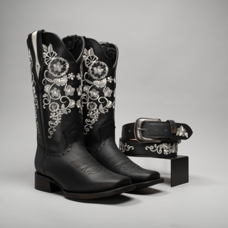 Women's Embroidered Square Toe Cowboy Boots and Belt Combo