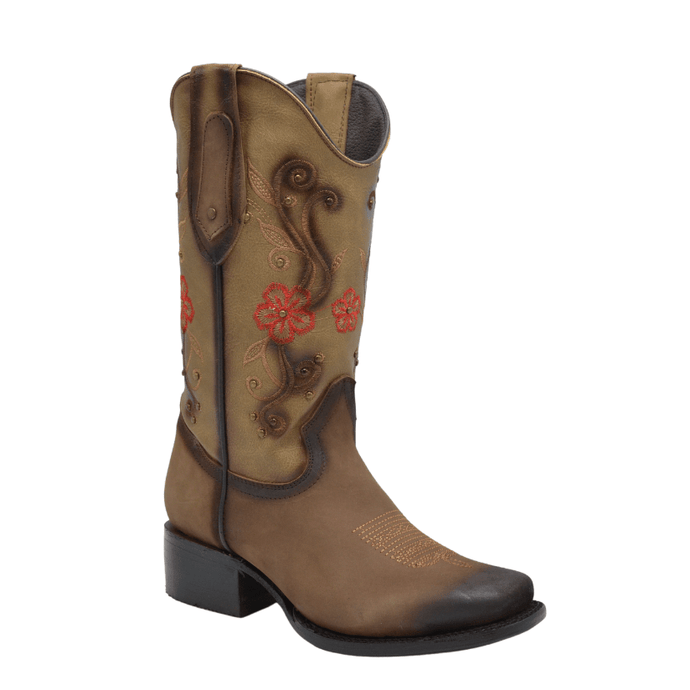 1507 Brown Woman Boots Square Toe with Red Flowers
