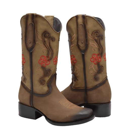 1507 Brown Woman Boots Square Toe with Red Flowers