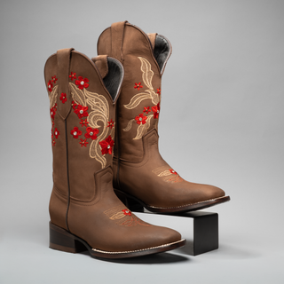Women's Red Embroidered Square Toe Cowboy Boots