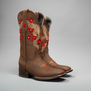 Women's Red Embroidered Square Toe Cowboy Boots