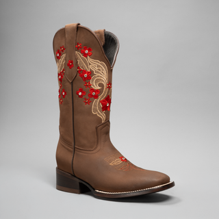 Women's Red Embroidered Square Toe Cowboy Boots