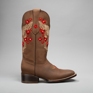 Women's Red Embroidered Square Toe Cowboy Boots
