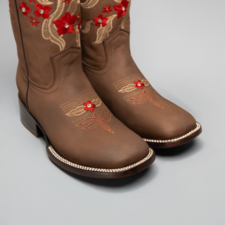 Women's Red Embroidered Square Toe Cowboy Boots