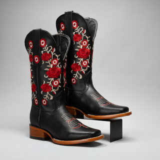 Women's Red Embroidered Square Toe Cowboy Boots