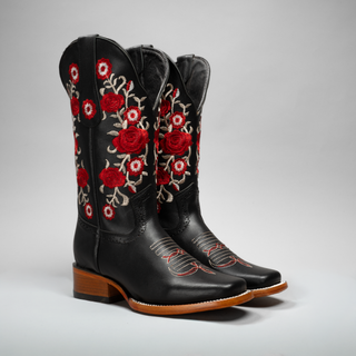 Women's Red Embroidered Square Toe Cowboy Boots and Belt Combo