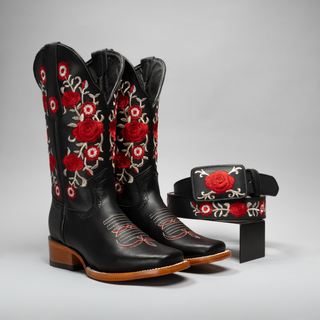 Women's Red Embroidered Square Toe Cowboy Boots and Belt Combo
