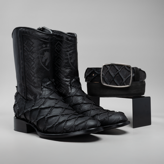 Men's Pirarucu Monster Fish Round Toe Cowboy Boots and Belt Combo