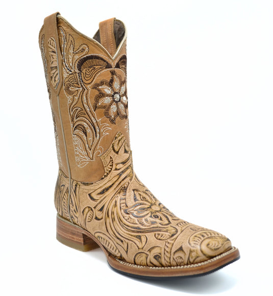 Joe boots 569 Hand Tooled Natural Men's Western Boots: Square Toe Cowboy & Rodeo Boots in Genuine Leather