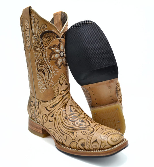 Joe boots 569 Hand Tooled Natural Men's Western Boots: Square Toe Cowboy & Rodeo Boots in Genuine Leather