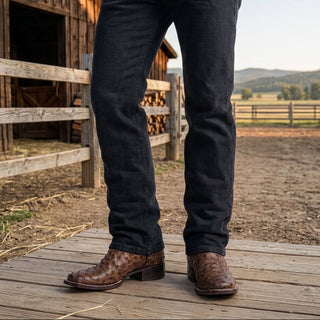 Men's Ostrich Leather Square Toe Cowboy Boots