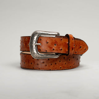 Men's Ostrich Tribute Leather Metal Buckle Cowboy Belt