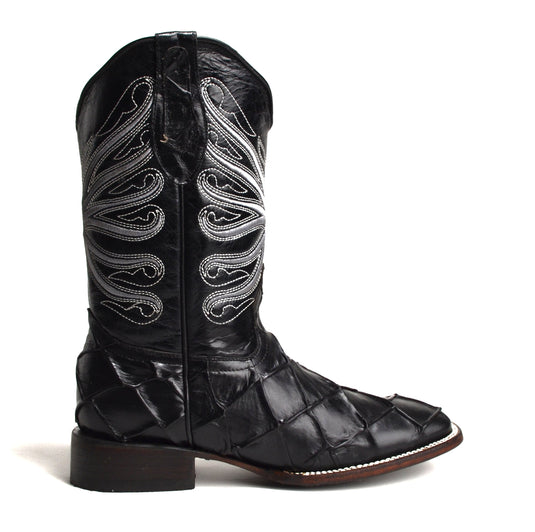 JB708 Print Pirarucu Black Men's Western Boots: Square Toe Cowboy & Rodeo Boots in Genuine Leather