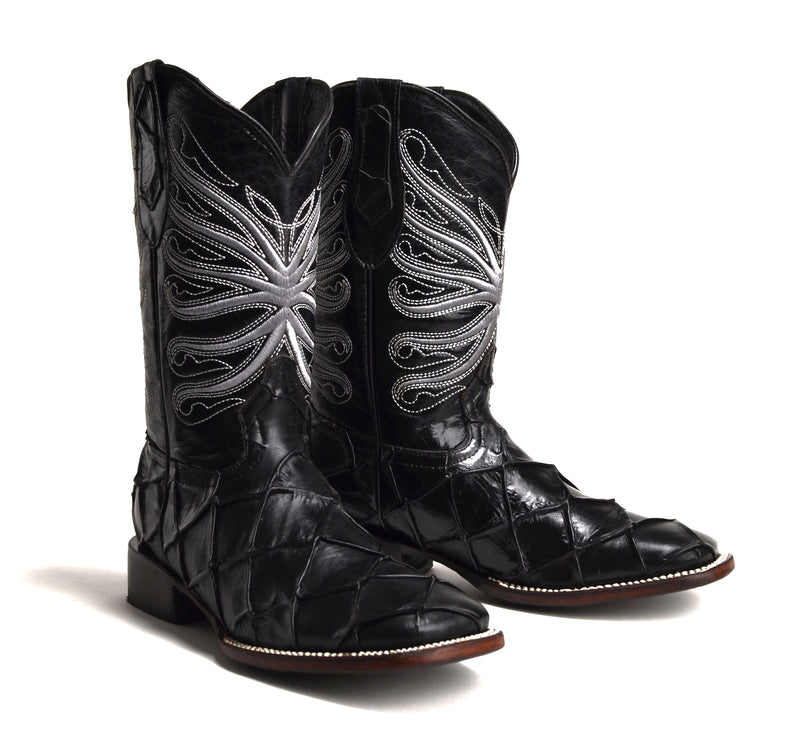 Load image into Gallery viewer, JB708 Print Pirarucu Black Men&#39;s Western Boots: Square Toe Cowboy &amp; Rodeo Boots in Genuine Leather
