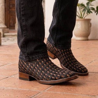 Men's Braided Leather and Hair Square Toe Ankle Boot
