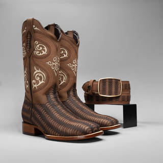 Men's Braided Square Toe Cowboy Boots and Belt Combo