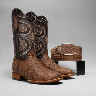 Men's Braided Square Toe Cowboy Boots and Belt Combo