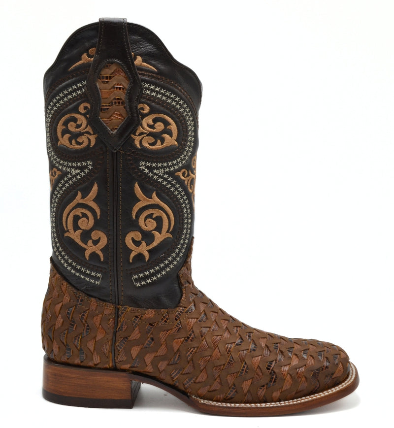 Load image into Gallery viewer, Rodeo Square Toe Petatillo Print Brown Zig-Zag Boot

