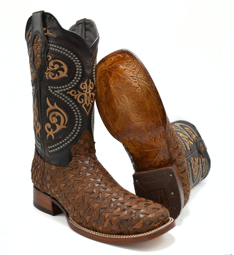 Load image into Gallery viewer, Rodeo Square Toe Petatillo Print Brown Zig-Zag Boot
