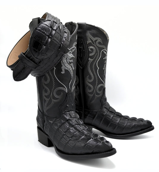 Combo JB904 Black Combo Men's Western Boots: J Toe Cowboy boots in Caiman Print Leather with 004 Black  Belt