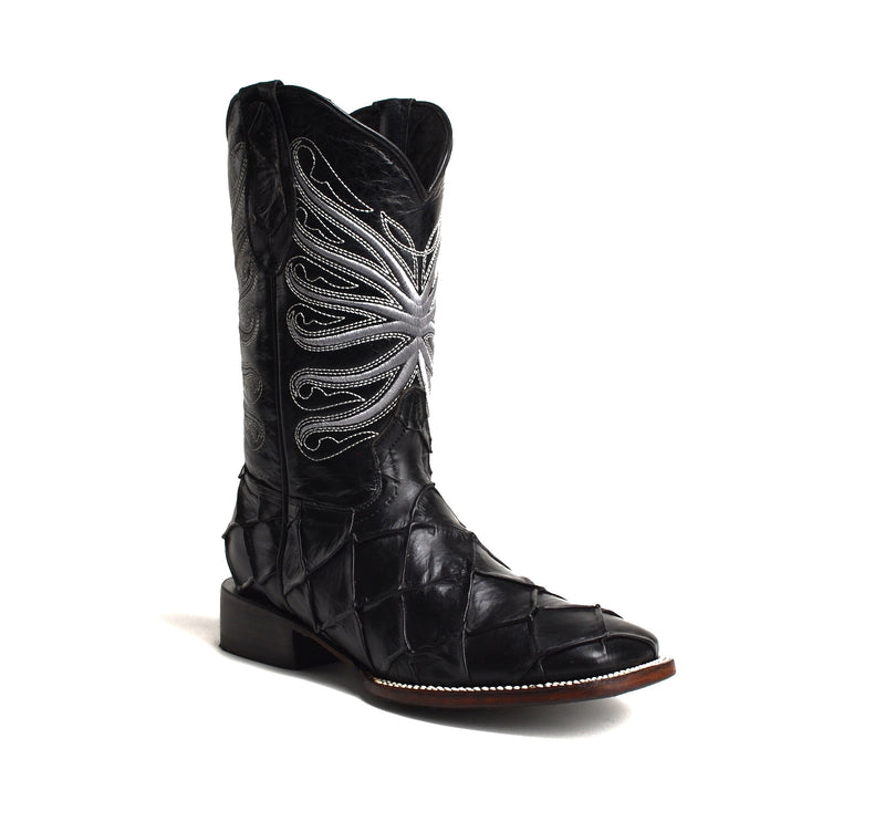 Load image into Gallery viewer, JB708 Black Combo Piraruccu Fish Print Men&#39;s Western Boots: Square Toe Cowboy &amp; Rodeo Boots in Genuine Leather with Belt
