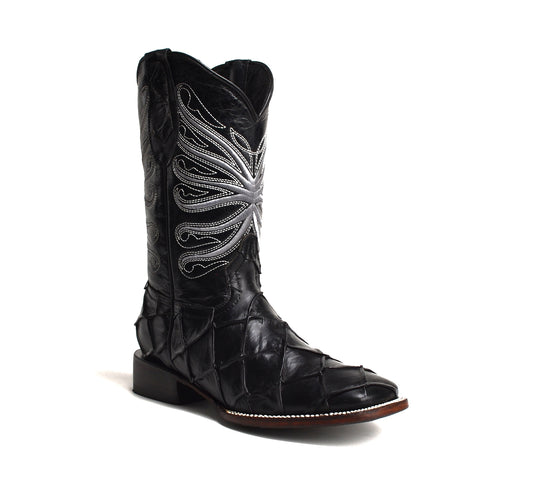 JB708 Black Combo Piraruccu Fish Print Men's Western Boots: Square Toe Cowboy & Rodeo Boots in Genuine Leather with Belt