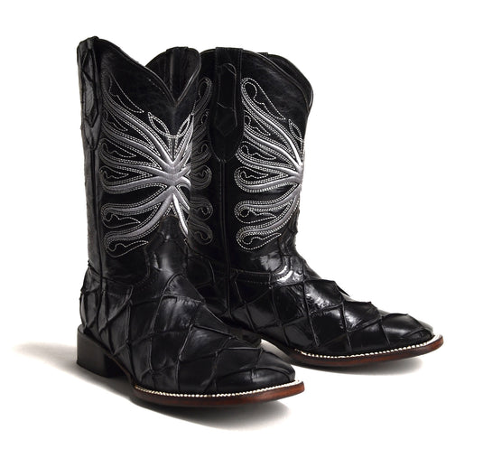 JB708 Black Combo Piraruccu Fish Print Men's Western Boots: Square Toe Cowboy & Rodeo Boots in Genuine Leather with Belt