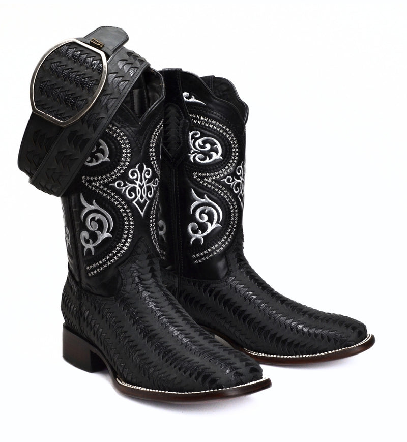 Load image into Gallery viewer, Rodeo Cartie 816 Black Combo Men&#39;s Western Boots: Square Toe Cowboy &amp; Rodeo Boots with Genuine Leather Belt
