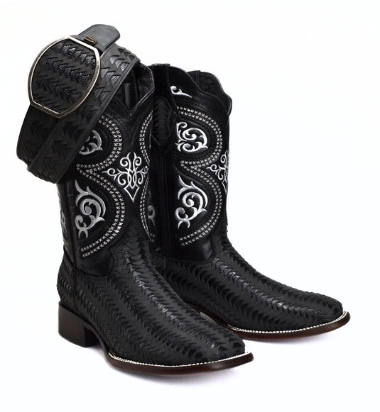 Rodeo Cartie 816 Black Combo Men's Western Boots: Square Toe Cowboy & Rodeo Boots with Genuine Leather Belt