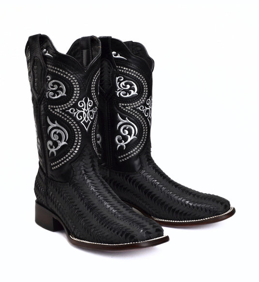 Rodeo Cartie 816 Black Combo Men's Western Boots: Square Toe Cowboy & Rodeo Boots with Genuine Leather Belt