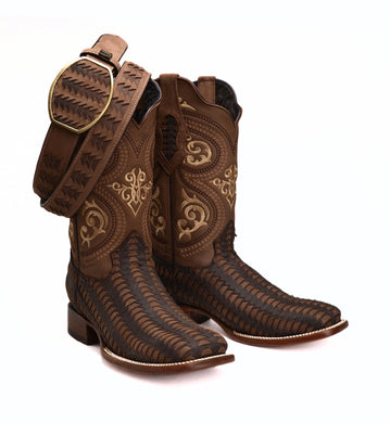 Rodeo Cartie 816 Brown Combo Men's Western Boots: Square Toe Cowboy & Rodeo Boots with Genuine Leather Belt