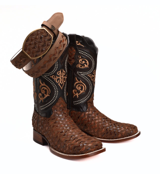 Rodeo Cartie 817 Brown Combo Men's Western Boots: Square Toe Cowboy & Rodeo Boots with Genuine Leather Belt
