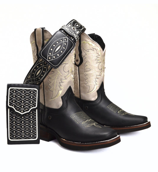 Joe Boots 512 Black Combo Men's Western Boots: Square Toe Cowboy & Rodeo Boots with Genuine Leather Belt and Phone Case