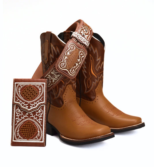 VE030 Tan Men's Western Boots: Square Toe Rodeo boots in Genuine Leather with Belt and Phone Case