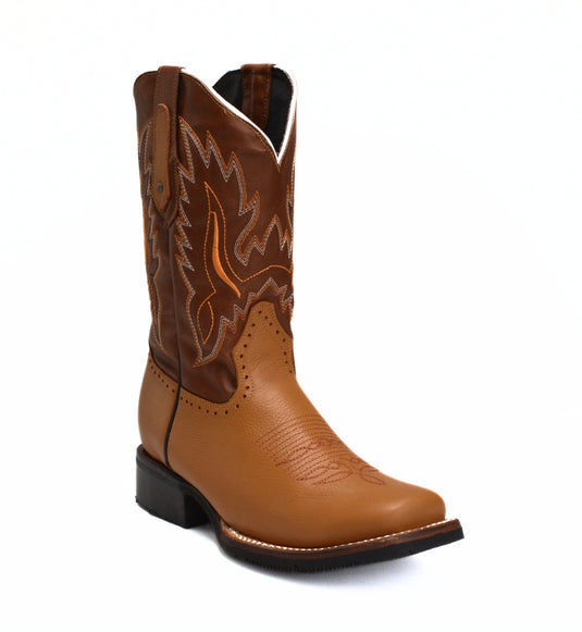 VE030 Tan Men's Western Boots: Square Toe Rodeo boots in Genuine Leather with Belt and Phone Case