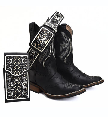 Combo VE030 Black Bull Men's Western Boots: Square Toe Rodeo boots in Genuine Leather with Belt and Phone Case